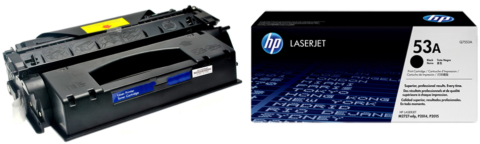 Abbildung des kompatiblen HP Laserjet Toner links und der originalen HP Tonerkartusche rechts